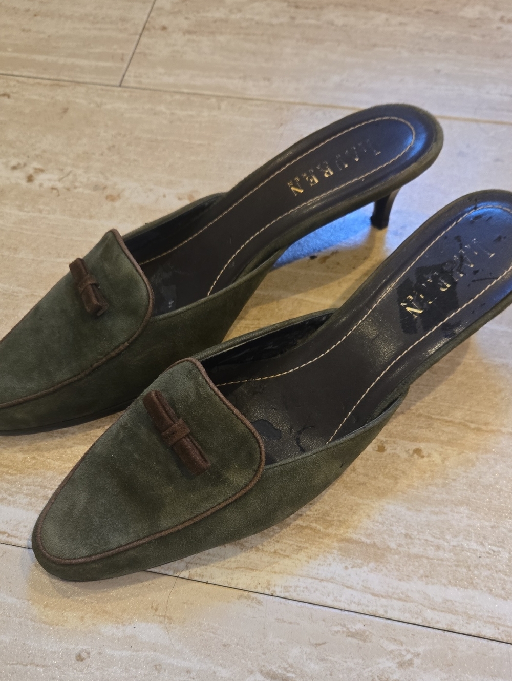 Lauren Ralph Lauren Olive Green Suede Mule Kitten Heels